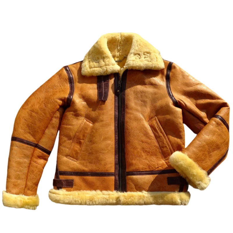 Orange Winter Shearling Jacket Men Vintage Style Plus Size 5XL Genuine Natural Sheepskin Thick Warm Bomber Military Flight Coat
