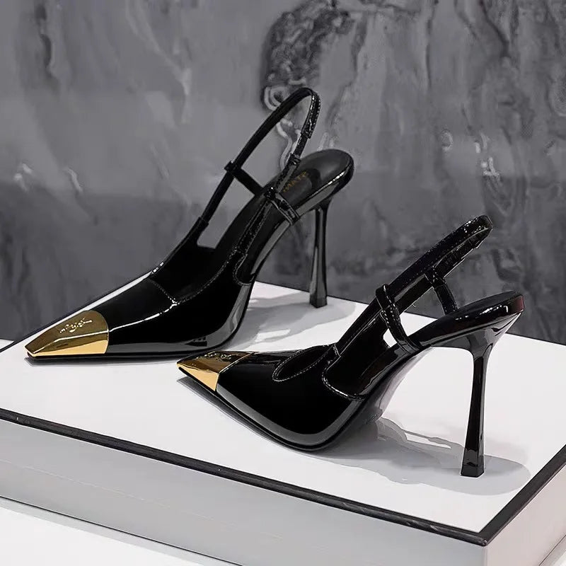 Metallic Square Toe High Heels Black Low Cut Single Shoes Versatile for Autumn Winter Season Sexy Style Fastest Shipping Avai...