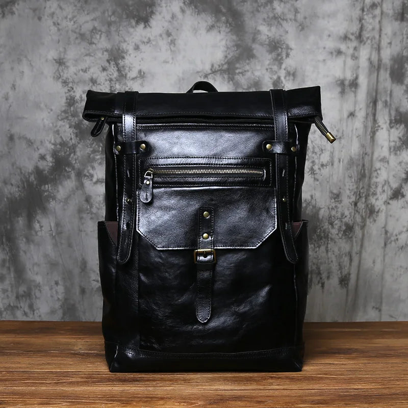 NZPJ Vintage Genuine Leather Men's Backpack Crazy Horse Leather Computer Bag Natural Top Layer Cowhide Backpack Travel Bag
