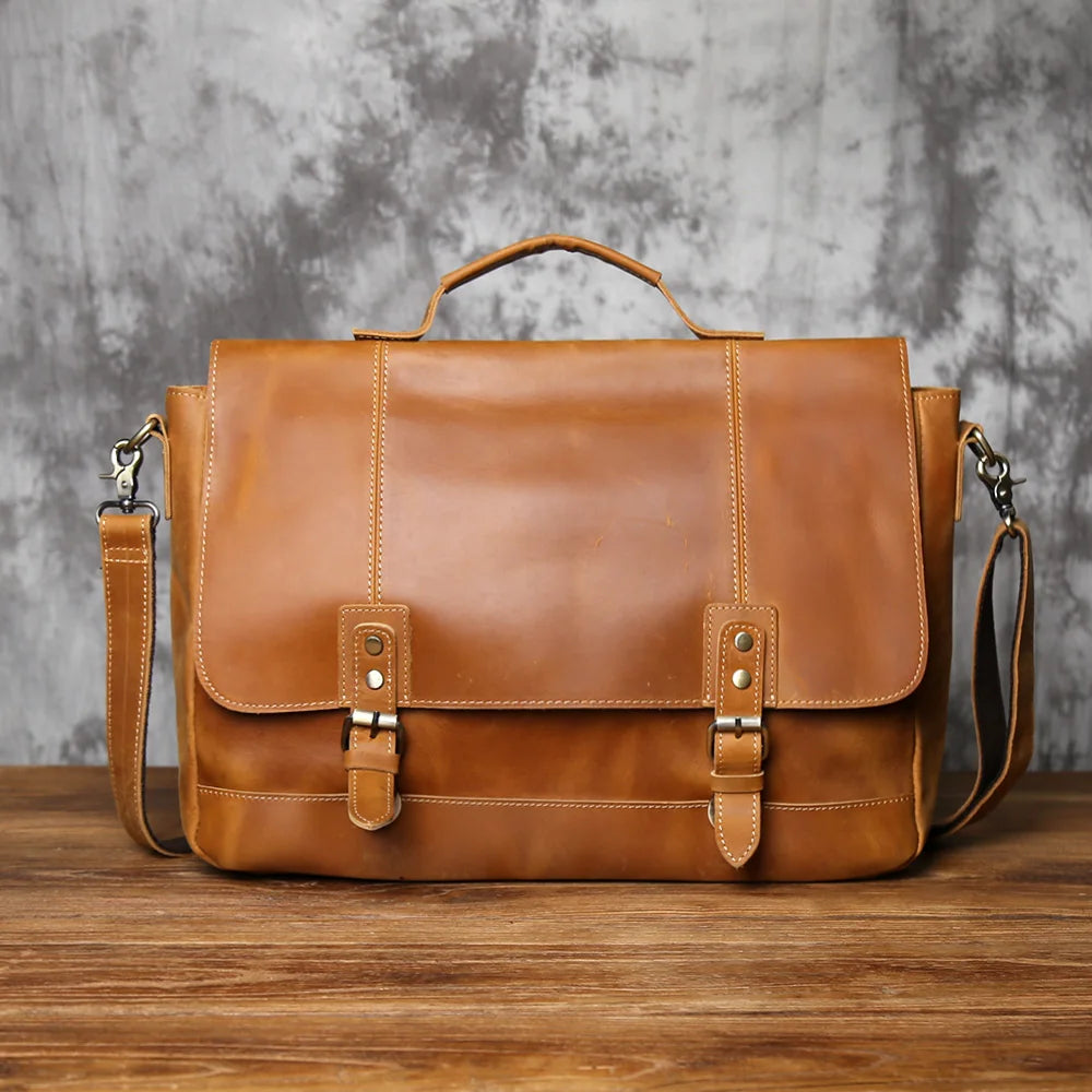 NZPJ Vintage Leather Men's Briefcase Crazy Horse Leather Handbag Casual Natural Cowhide Computer Bag Shoulder Messenger Bag