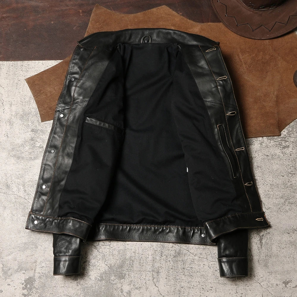 Black Autumn Leather Jacket Men Retro Style Plus Size 4XL Genuine Natural Thick Cowhide Single Breasted Casual Denim Coat