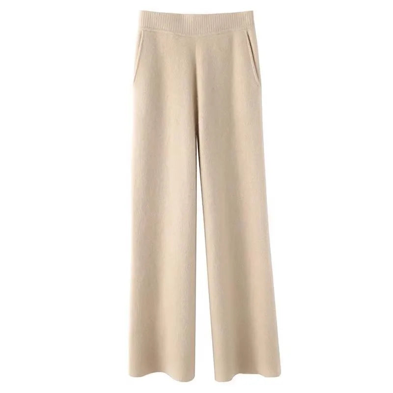 Loose Knitted Cashmere Wide Leg Pants Women's Autumn Winter Woolen Straight Cut Trousers Floor Length Pocket Design Elegant
