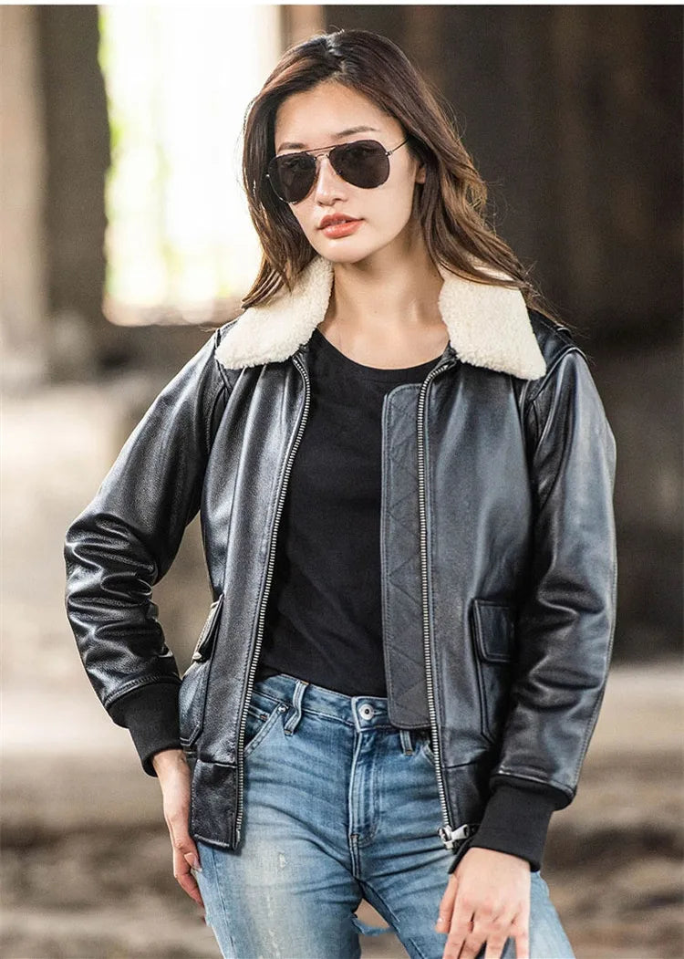 Dark Brown Autumn Leather Jacket Women Retro Style Plus Size 3XL Genuine Natural Cowhide Wool Collar Military G1 Flight Coat