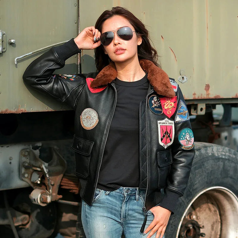 Black Autumn Leather Jacket Women Retro Style Plus Size 3XL Genuine Natural Cowhide Turn-Down Collar Military G1 Flight Coat