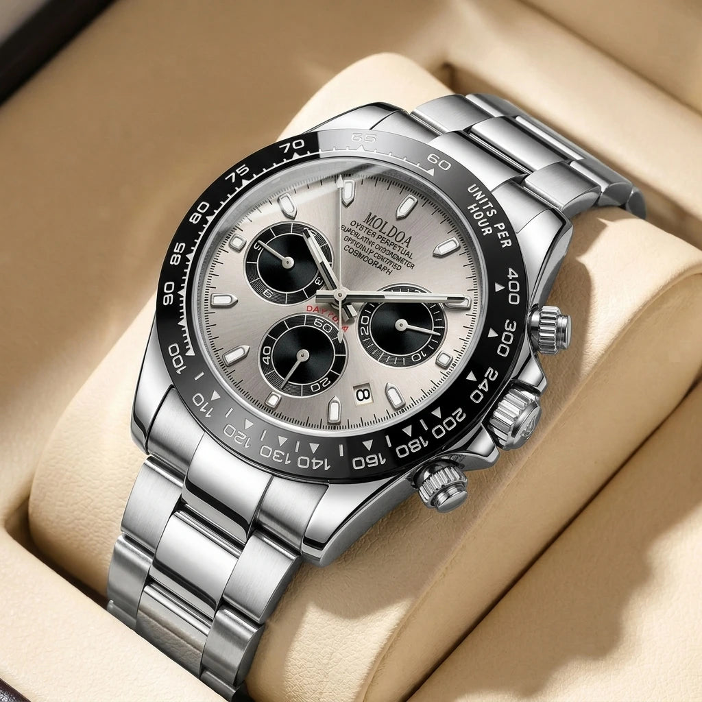A Men's Silver Stainless Steel Trendy Multifunctional Quartz Watch with Dot and Line Display