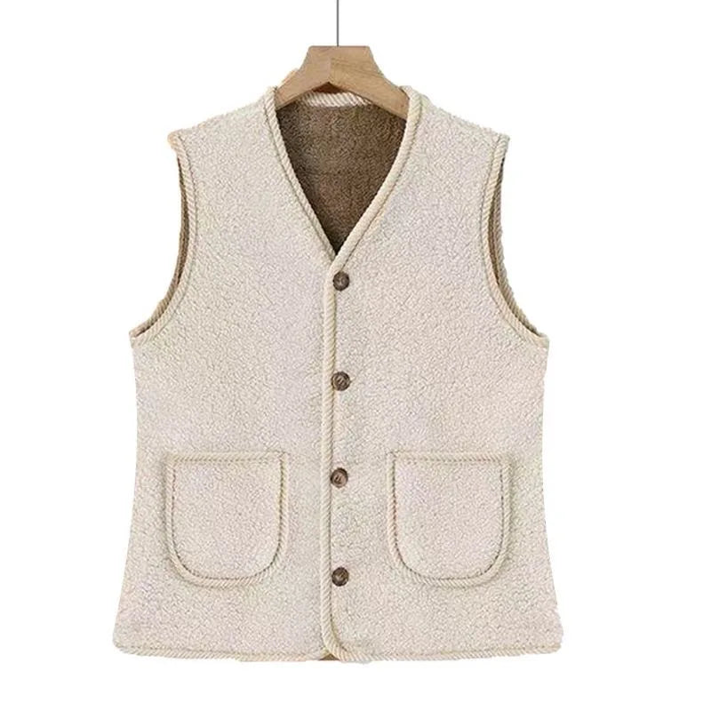 Lamb Fur Vest Thickened Fleece Warm Outerwear for Women Autumn Winter V-neck Striped/Plaid Style Single Button Closure Comfor...