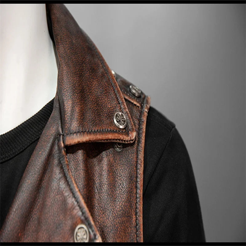 Men Red Brown Leather Biker Vest Vintage Distressed Asymmetrical Zip Sleeveless Jacket Punk Rock Studded Multi-Pocket Waistcoat