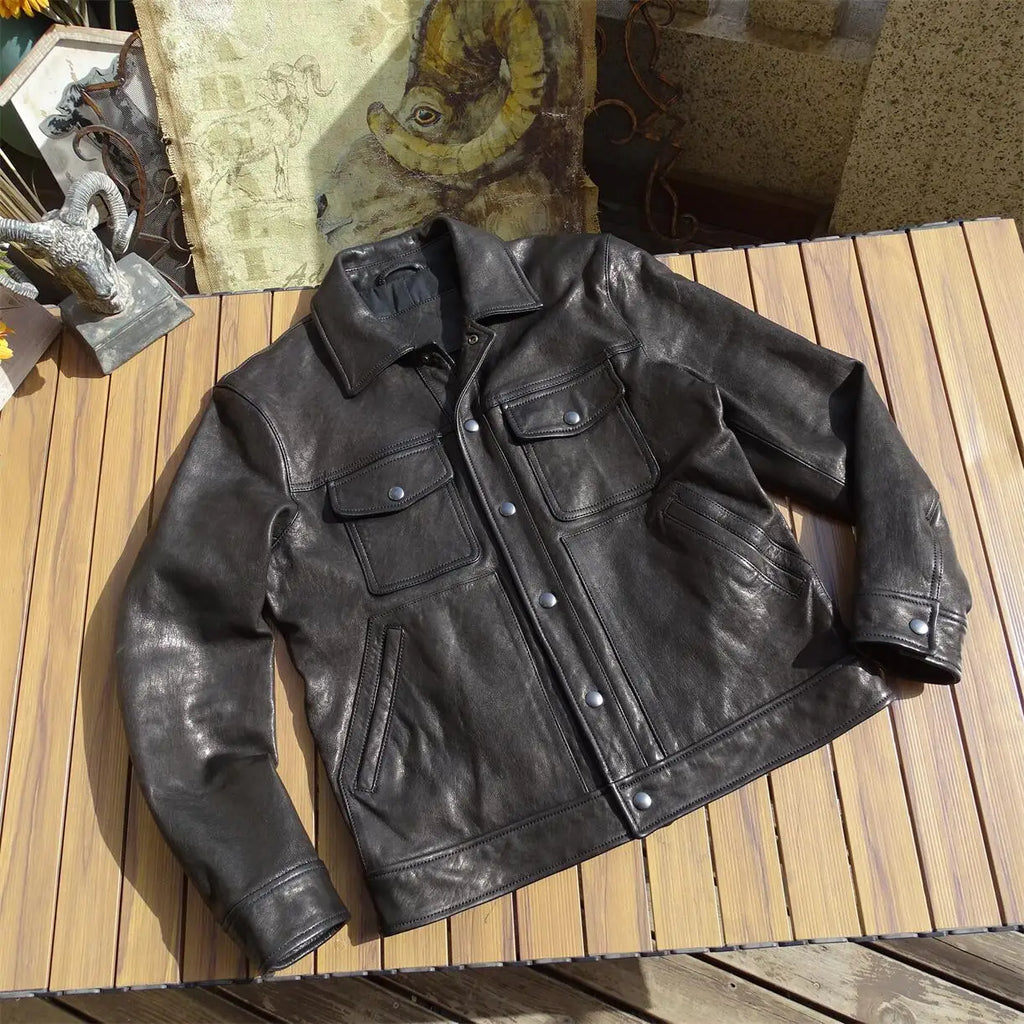 Black Autumn Leather Jacket Men Casual Style American Size Genuine Natural Sheepskin Turn-Down Collar Single Breasted Denim Coat
