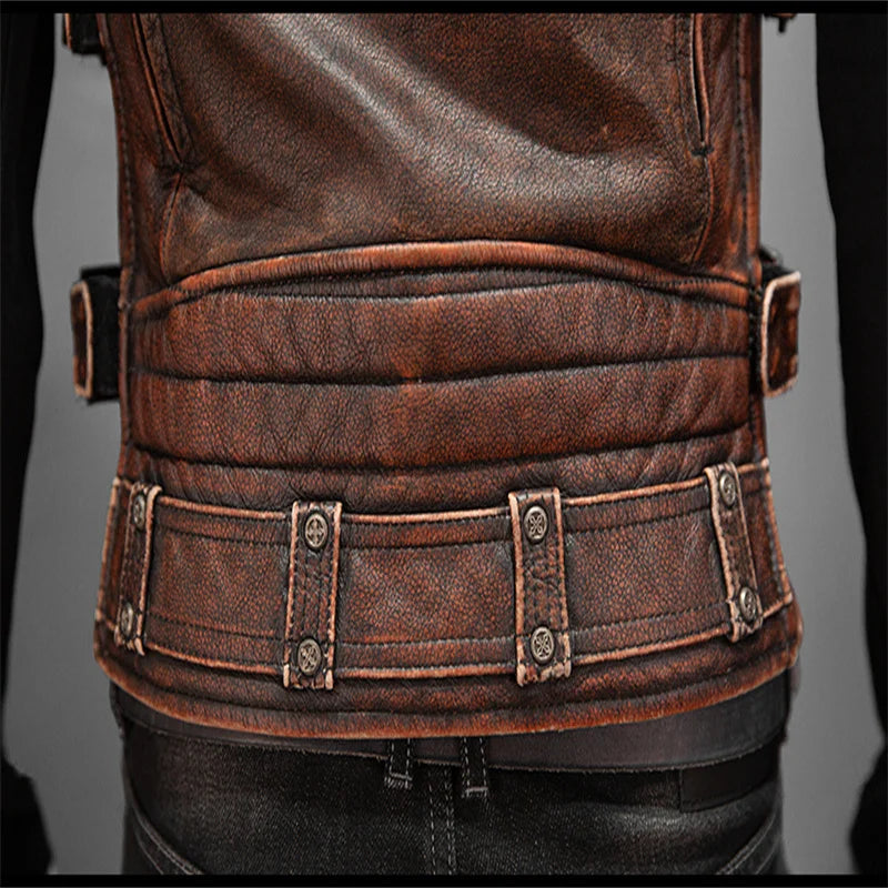 Men Red Brown Leather Biker Vest Vintage Distressed Asymmetrical Zip Sleeveless Jacket Punk Rock Studded Multi-Pocket Waistcoat