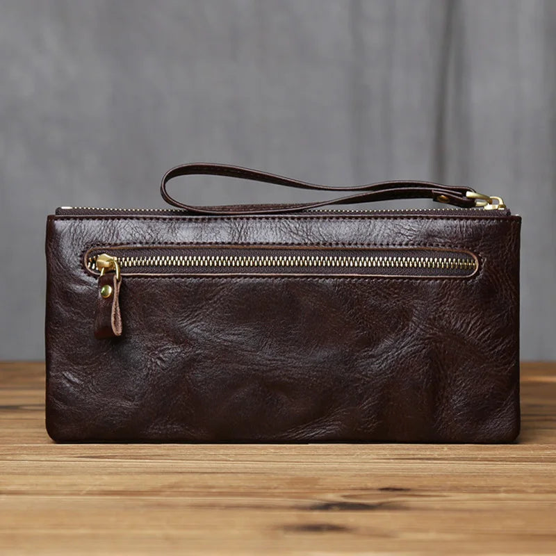 NZPJ Vintage Genuine Leather Long Wallet Top-Grain Cowhide Men's Clutch Women's Large Capacity Phone Bag
