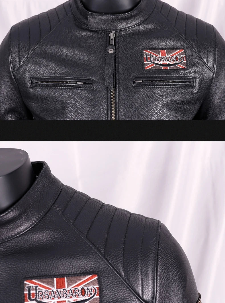 Black Autumn Leather Jacket Men Sports Style Plus Size 5XL Genuine Natural Cowhide Stand Collar Slim Fit Short Coat