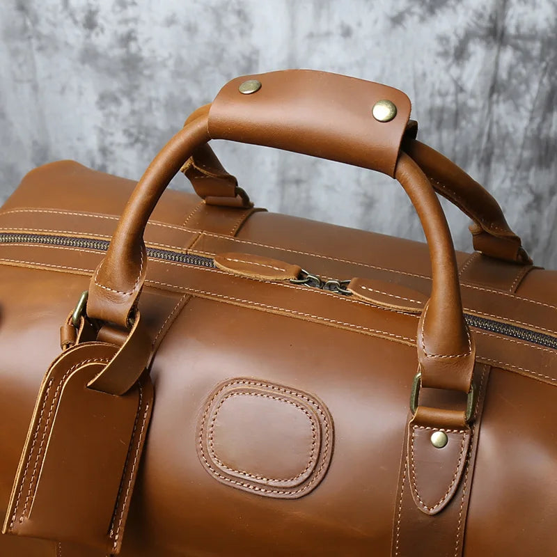 NZPJ Vintage Genuine Leather Men's Travel Bag, Large Capacity Luggage Bag, Crazy Horse Leather Handbag, Natural Cowhide Crossbod