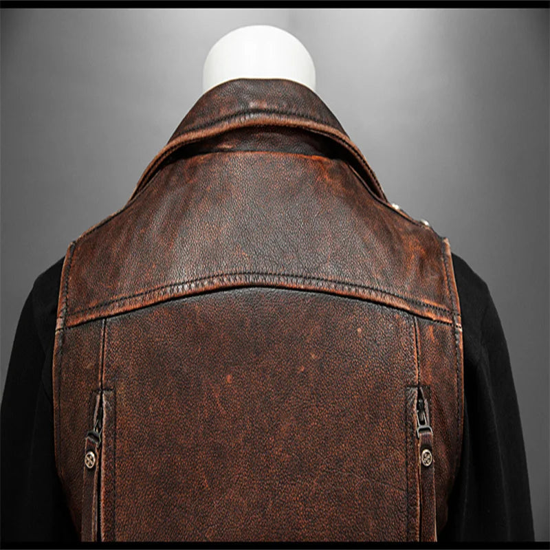 Men Red Brown Leather Biker Vest Vintage Distressed Asymmetrical Zip Sleeveless Jacket Punk Rock Studded Multi-Pocket Waistcoat