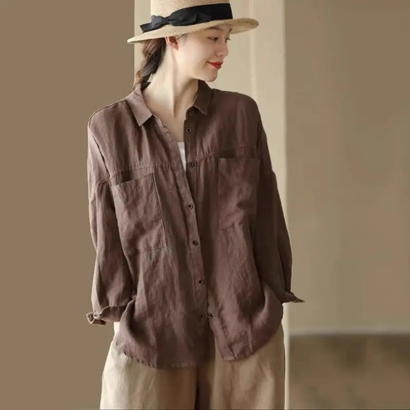 Loose Fit Casual Cotton Linen Long Sleeve Shirt Women's Autumn Winter New Style Thin Open Cardigan Top Comfortable Loose Style