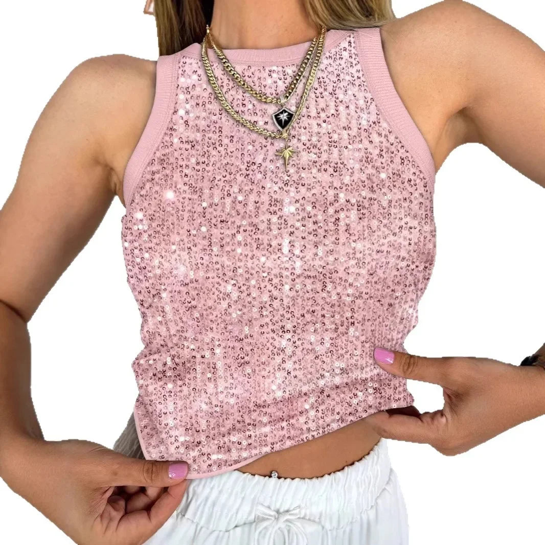 Shiny Sequin Neck Hanging Vest Sexy Street Style Versatile Slim Fit Outerwear Top for Women Flashy Metal Decor Mixed Fabric