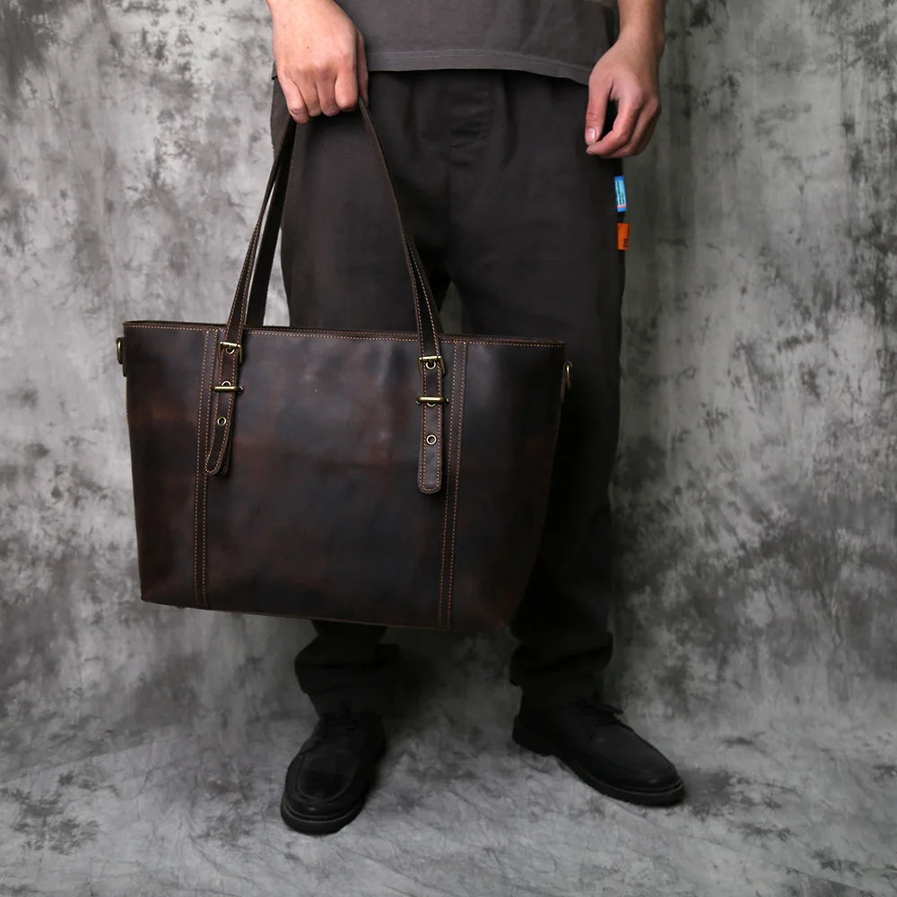 NZPJ Vintage Genuine Leather Tote Bag Crazy Horse Leather Handheld Crossbody Bag Top-Grain Cowhide Briefcase for Men and Women
