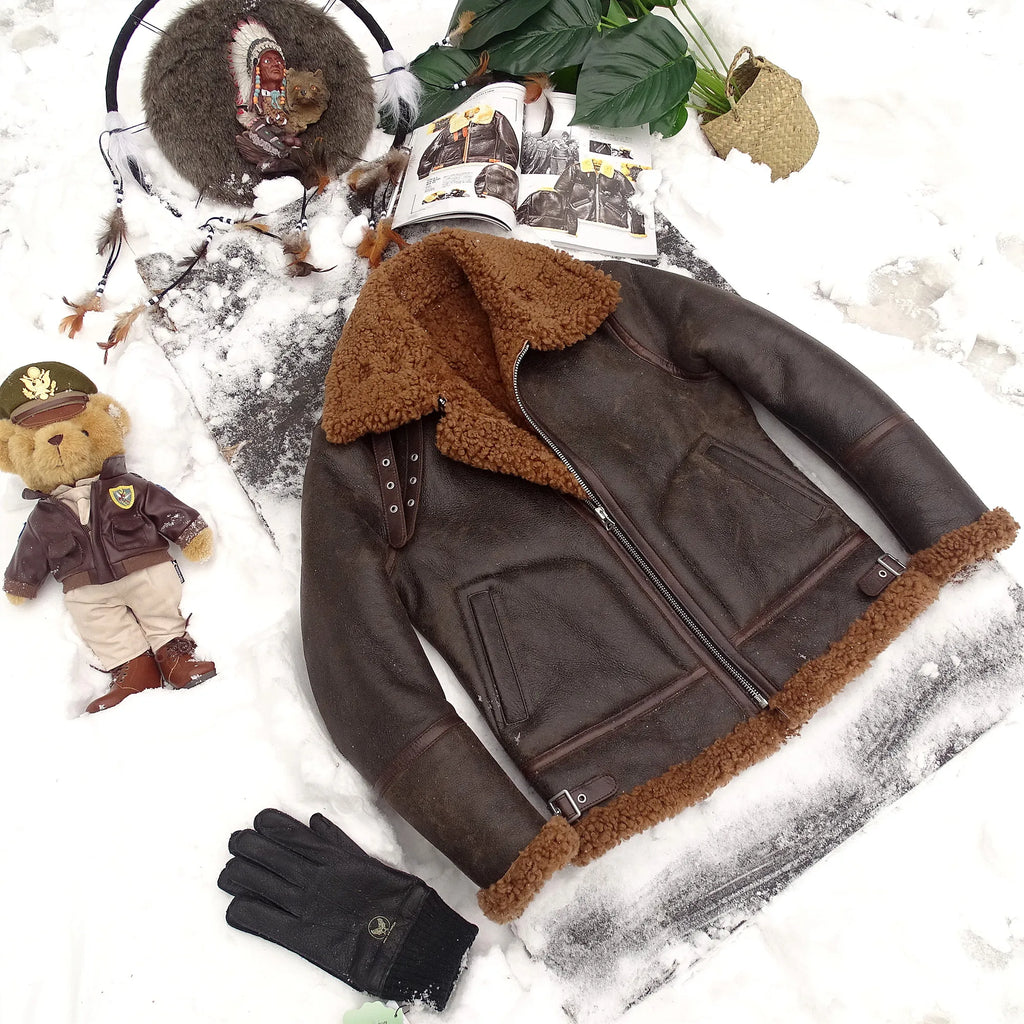 Dark Brown Winter Shearling Jacket Men Retro Vintage Style Plus Size 4XL Genuine Natural Sheepskin Bomber Military Flight Coat
