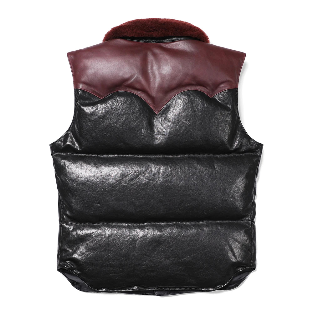 Genuine Natural Sheepskin Stand Collar Single Breasted Spliced Vest Black Winter Down Vest Men Casual Style Plus Size 5XL