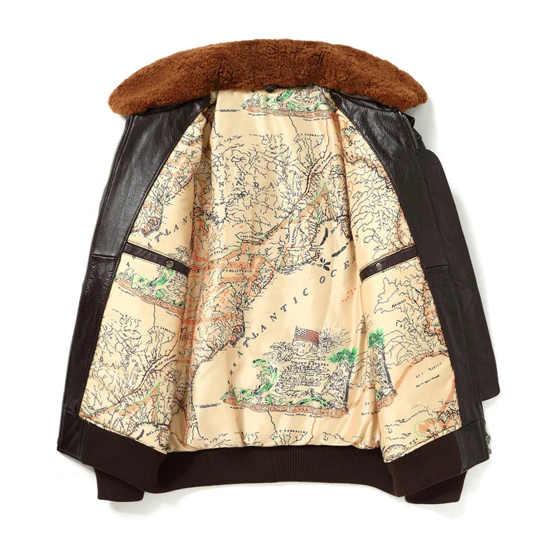 Dark Brown Winter Leather Jacket Men Retro Style Europe Size Genuine Natural Cowhide Turn-Down Collar Military G1 Flight Coat