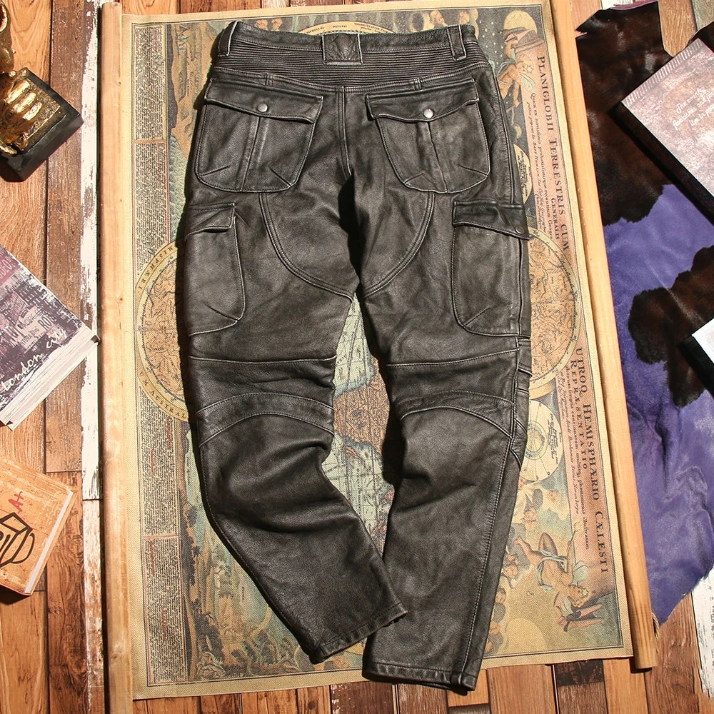 Retro Black Winter Leather Trousers Men Vintage Style Genuine Natural Cowhide Can Add Motorcycle Protection Device Leather Pants