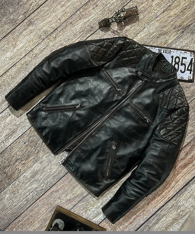 Black Winter Leather Jacket Men Vintage Style Plus Size 5XL Genuine Natural Cowhide Stand Collar Slim Fit Leather Coat