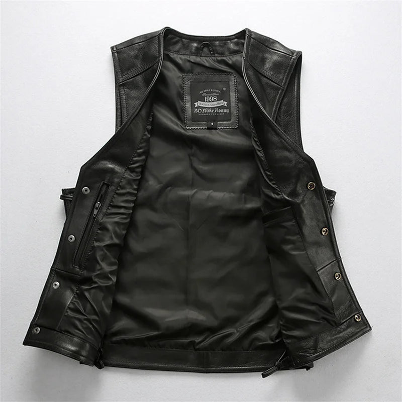 Black Four Seasons Leather Vest Men Sports Style Plus Size 4XL Genuine Natural Cowhide Single Breasted Skulls Embroidery Vest
