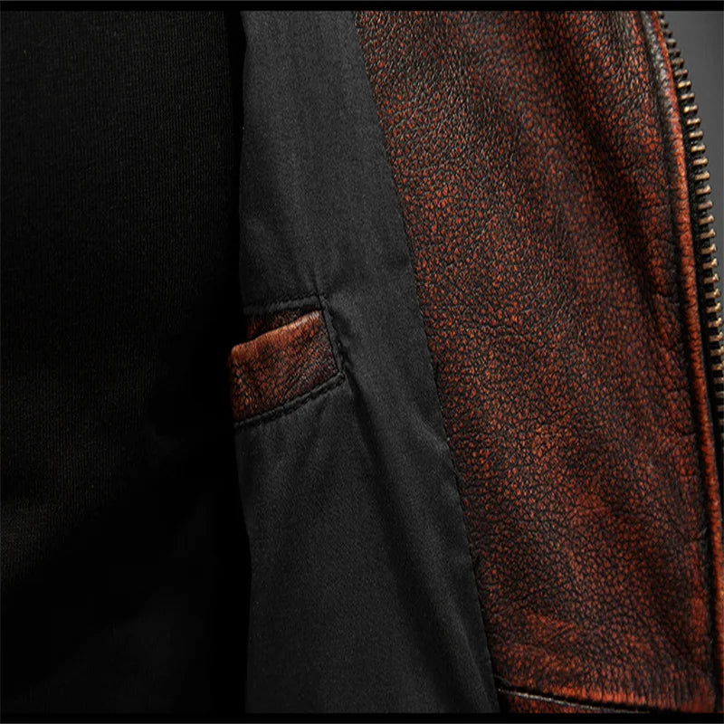 Men Red Brown Leather Biker Vest Vintage Distressed Asymmetrical Zip Sleeveless Jacket Punk Rock Studded Multi-Pocket Waistcoat