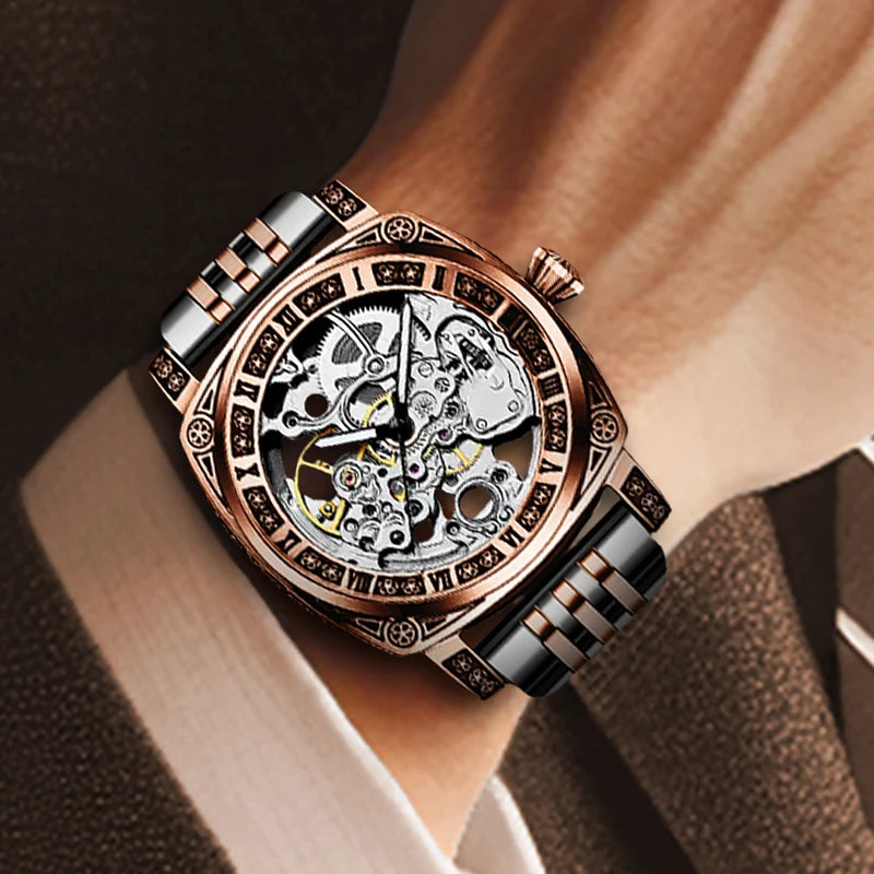 A men's fashion gentlemen's elegant pentagram rose gold and steel mechanical watch