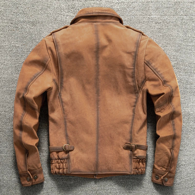 Orange Winter Leather Jacket Men Vintage Style Plus Size 5XL Genuine Natural Cowhide Turn-Down Collar Retro Mounted Police Coat