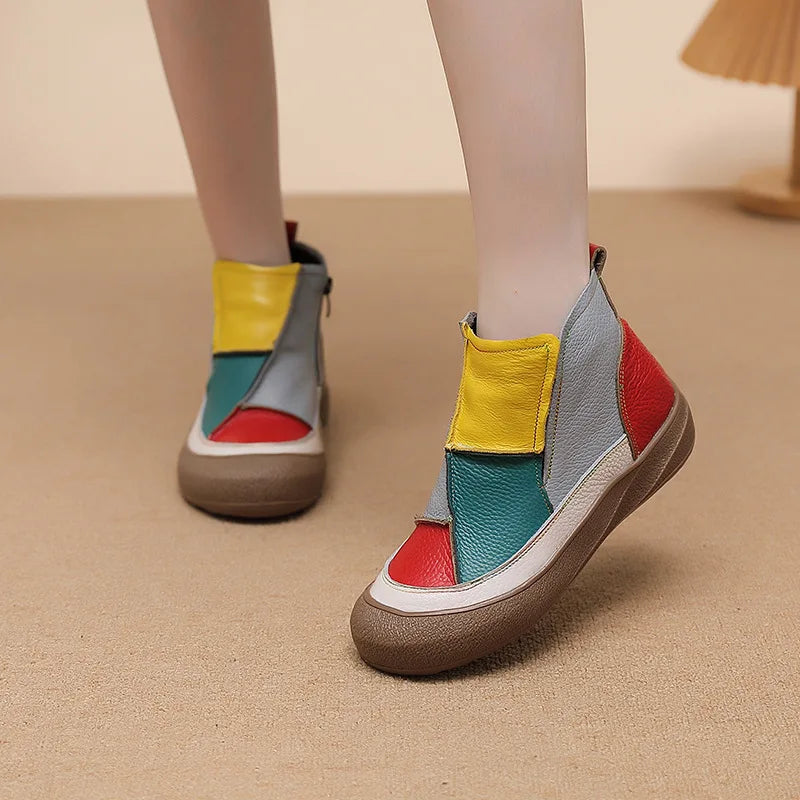 Comfortable Casual Women's Short Boots Spring Autumn Winter Seasonal Wear Breathable Warm Leather Slip-On Shoes Color Block D...