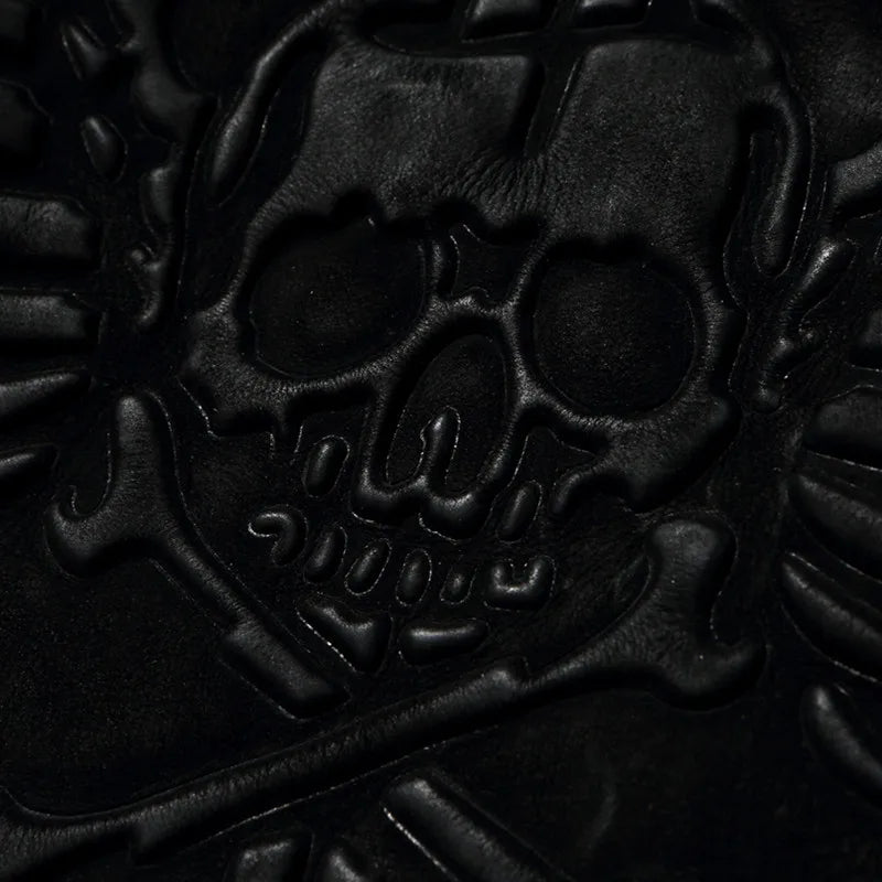 Black Winter Leather Jacket Men Vintage Style Plus Size 3XL Genuine Natural Thick Cow Suede Stand Collar Skulls Pattern Coat