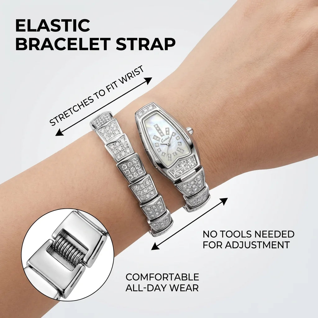 4pc Women's Silver & Mother-of-Pearl Stainless Steel Elegant Luxury Crystal-Embedded Quartz Watch Gift Set, Birthday
