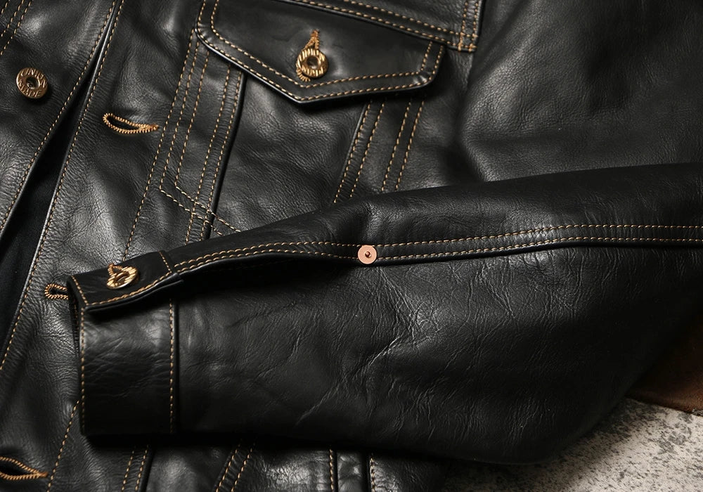 Black Autumn Leather Jacket Men Retro Style Plus Size 4XL Genuine Natural Thick Cowhide Single Breasted Casual Denim Coat