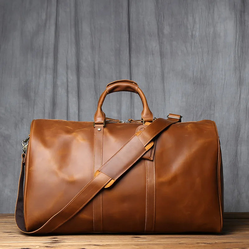 NZPJ Vintage Genuine Leather Men's Travel Bag Large Capacity Crazy Horse Leather Handbag Natural Cowhide Shoulder Crossbody Bag