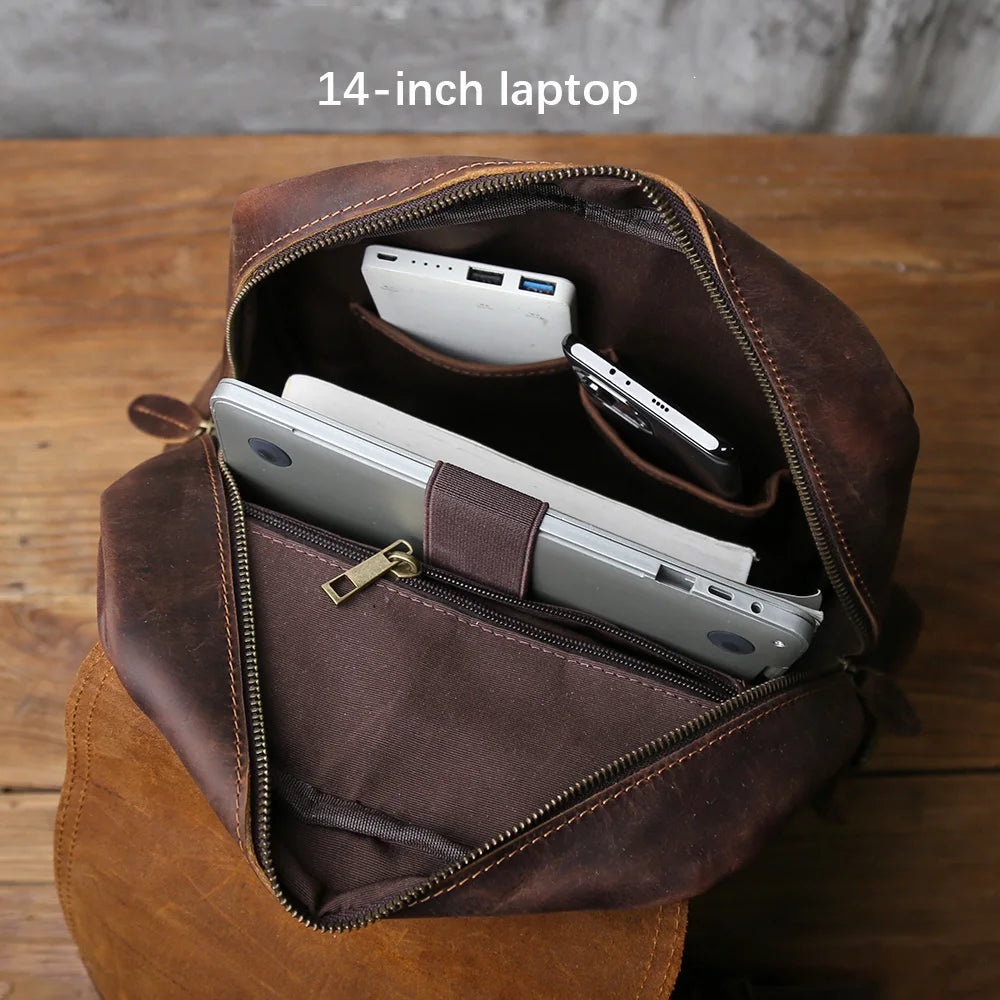 NZPJ Vintage Genuine Leather Men Backpack Large Capacity Top-Grain Cowhide Backpack Casual Trendy Crazy Horse Leather Laptop Bag