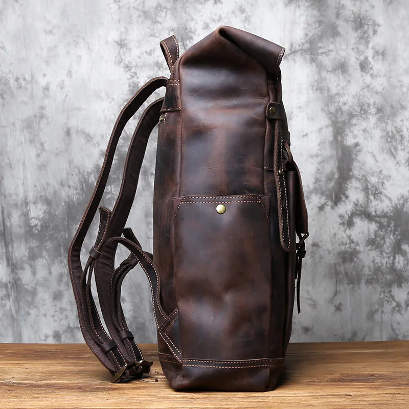 NZPJ Vintage Genuine Leather Men's Backpack Crazy Horse Leather Computer Bag Natural Top Layer Cowhide Backpack Travel Bag