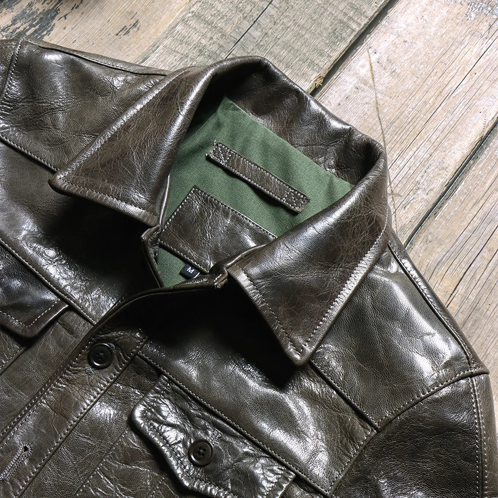 Dark Green Spring Leather Shirt Men Casual Style Plus Size 5XL Genuine Natual Sheepskin Turn-Down Collar Single Breasted Coat