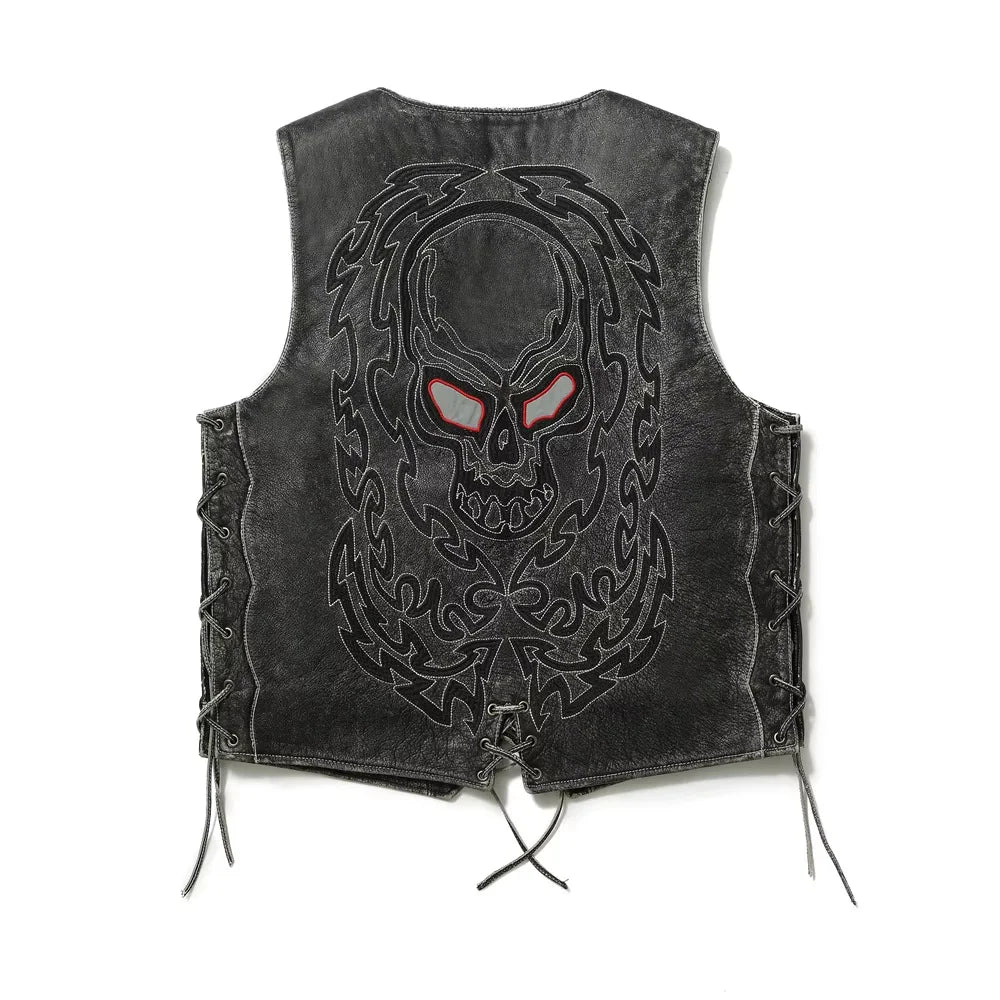 Black Spring Leather Vest Men Skull Embroidery Retro Style Plus Size 5XL Genuine Natural Cowhide Single Breasted Sleeveless Coat