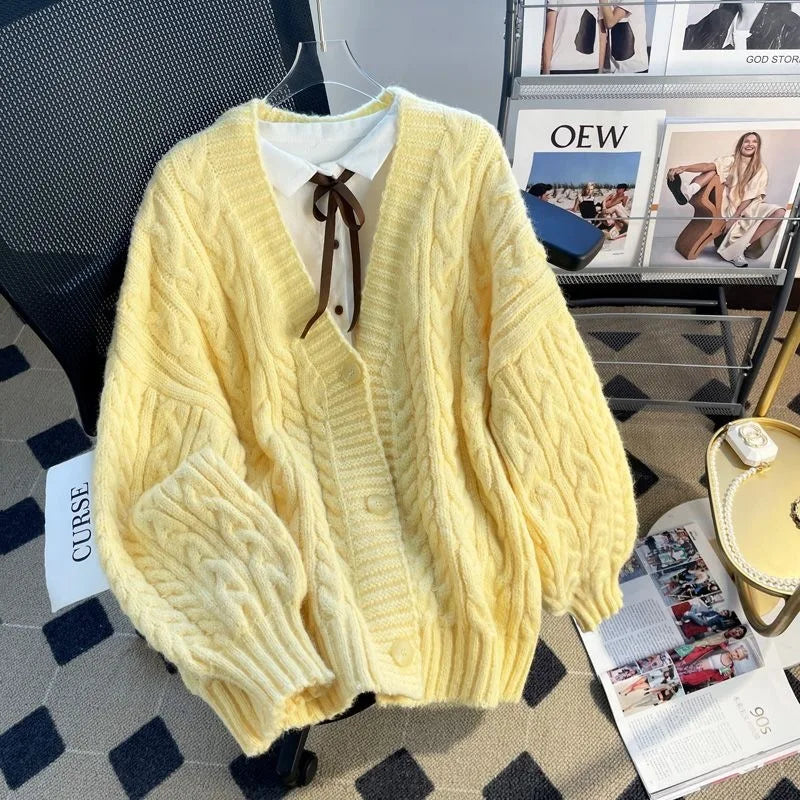 Women's Thickened Lazy Design Knitted Cardigan Sweater Outerwear Loose Princess Sleeve V-Neck Long Sleeve Autumn Winter Coat