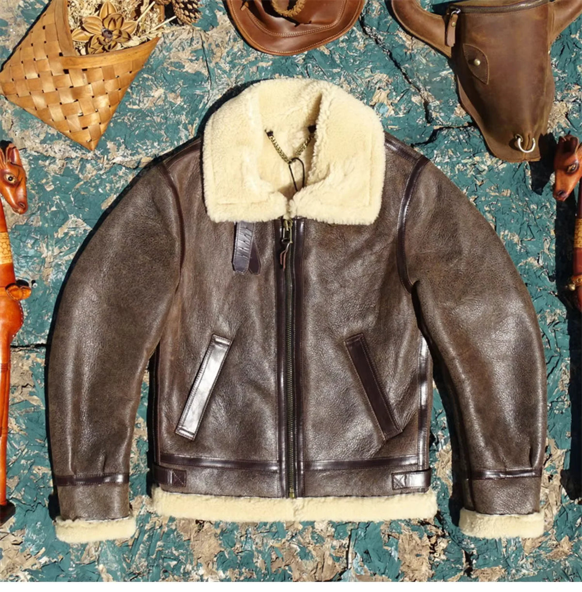 Dark Brown Winter Shearling Jacket Men Retro Style Plus Size 5XL Genuine Natural Thick Sheepskin B6 Bomber Flight Coat