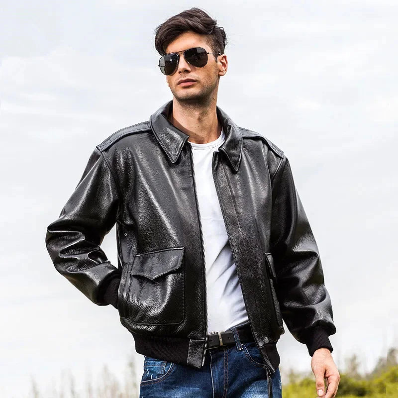 Black Winter Leather Jacket Men Military Style Europe Size Genuine Natural Thick Cowhide Warm Turn-Down Collar A2 Flight Coat