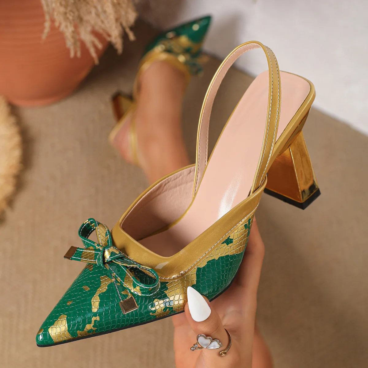 Women's Pointed Toe High Heels with Back Strap Butterfly Knot PU Leather Slip-On Shoes Green And Gold Color Block Clog Shoes