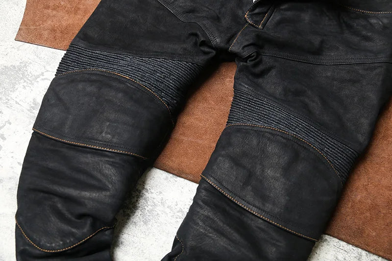 Black Spring Leather Trousers Men Retro Style Plus Size 4XL Genuine Natural Sheepskin Add Protection Device Motorcycle Pants