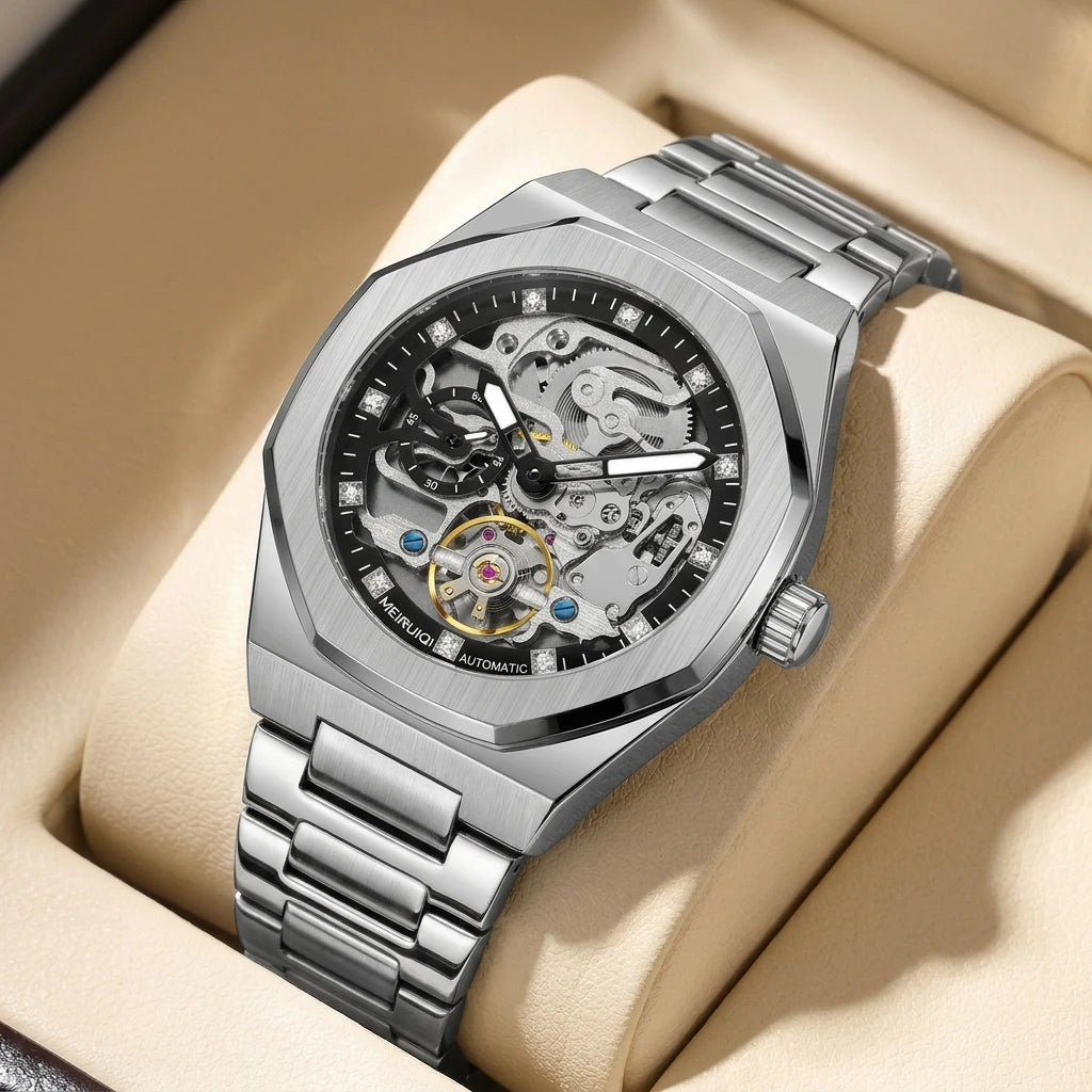 A men's yellow and black party style minimalist scale fully automatic hollow mechanical watch