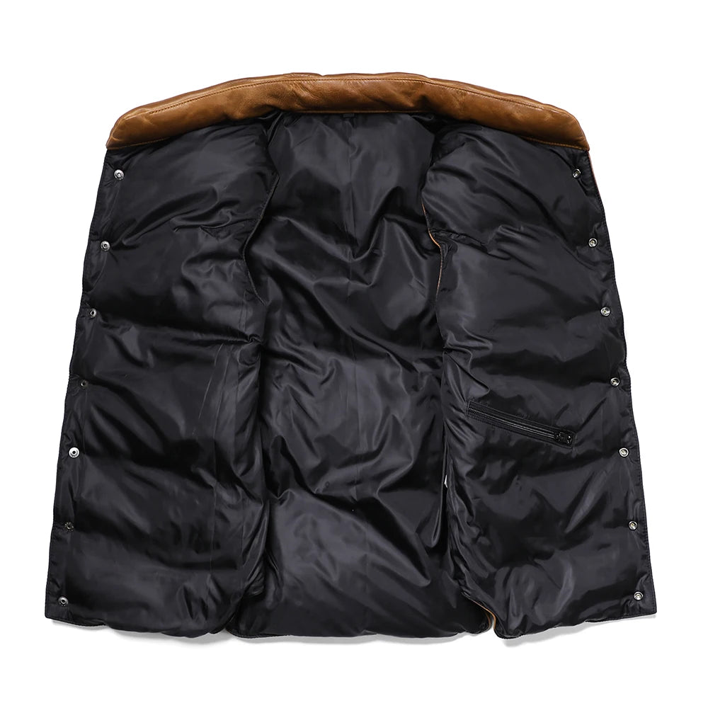 Brown Winter Down Vest Men Japan Casual Style Plus Size 5XL Genuine Natural Sheepskin Stand Collar Single Breasted Leather Vest