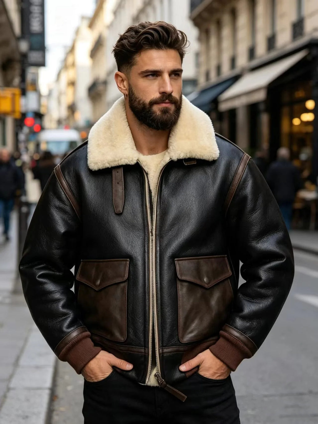 Black Winter Shearling Jacket Men Military Style Plus Size 4XL Genuine Natural Thick Sheepskin Turn-Down Collar A2 Flight Coat