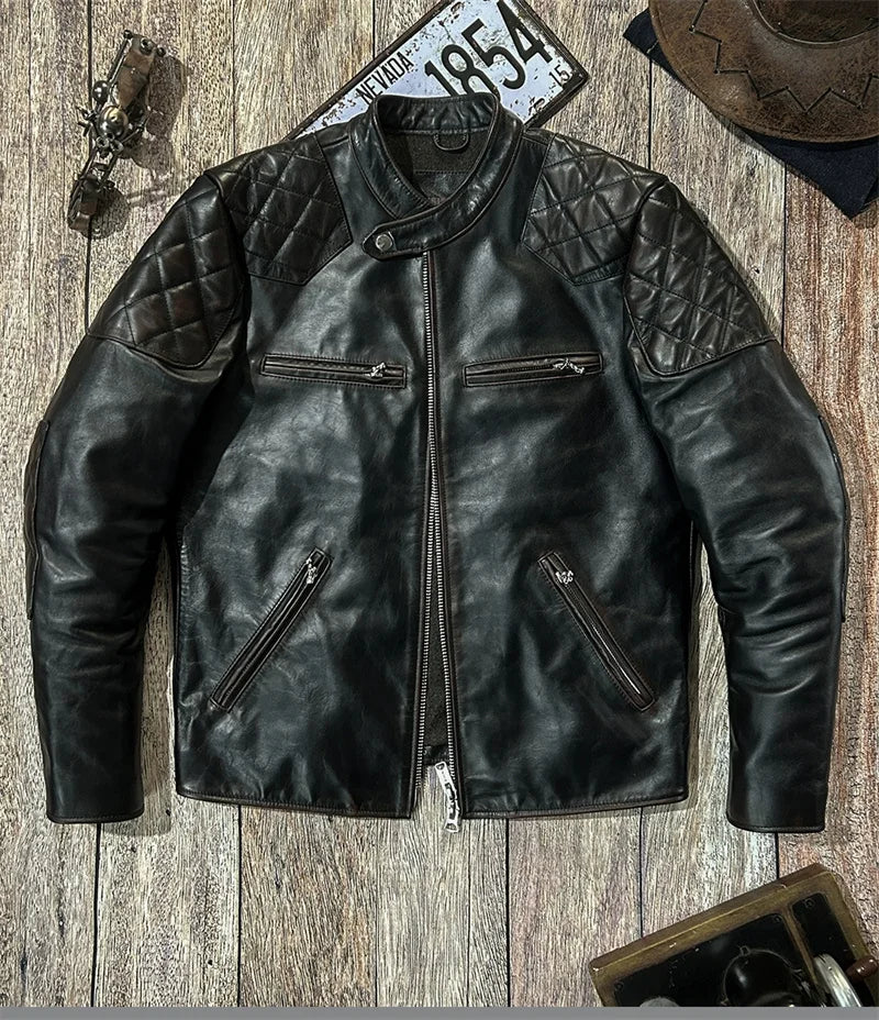 Black Winter Leather Jacket Men Vintage Style Plus Size 5XL Genuine Natural Cowhide Stand Collar Slim Fit Leather Coat