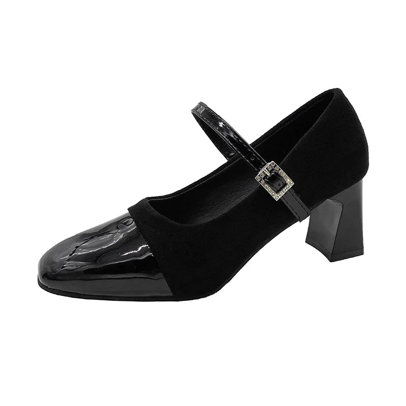 Korean Style Fashion Leopard Print Square Head Leather Color Block Rhinestone Buckle Velvet Surface Thick Heel Women's Shoes