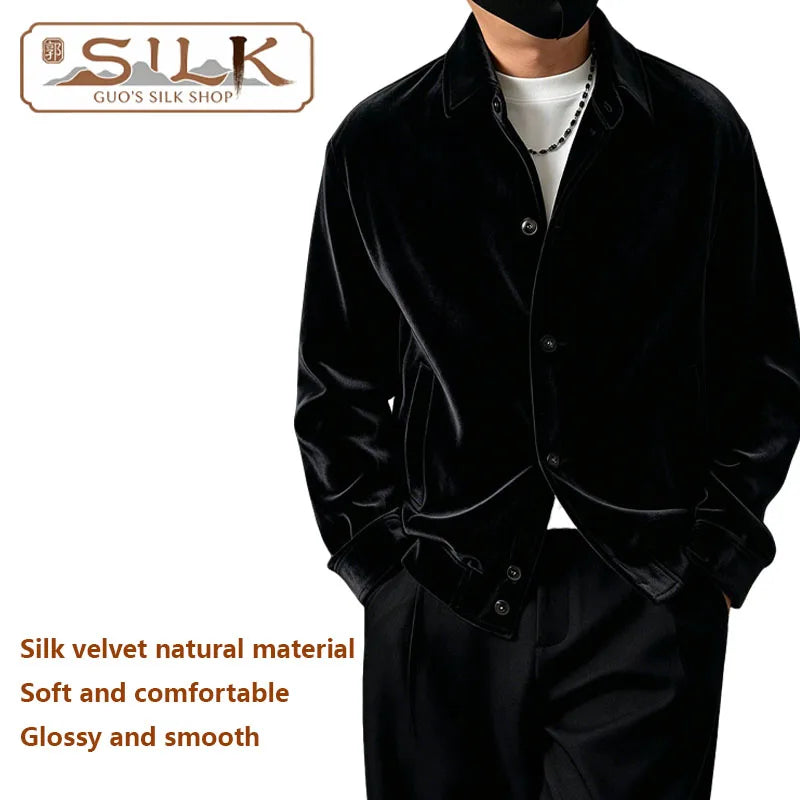 Natural Silk Velvet Men's Jacket - Long-sleeved Collar Formal Coat - Loose, Comfortable, Soft, Smooth, Casual Shirt
