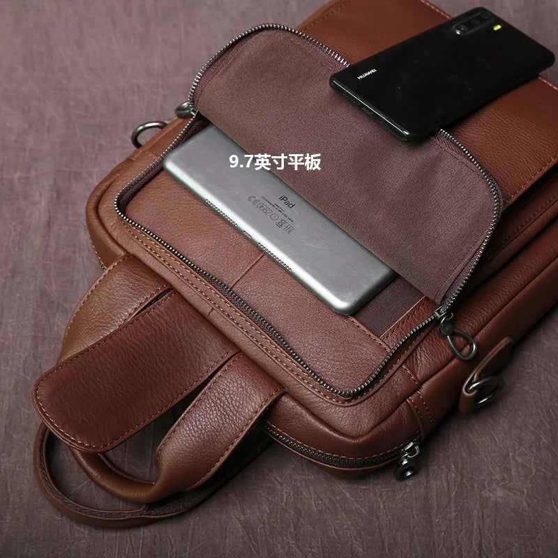 New Leather Men's Handbag Top Layer Cowhide Vertical Briefcase Retro Men's One-Shoulder Messenger Bag 12 Inch Ipad Bag NZPJ